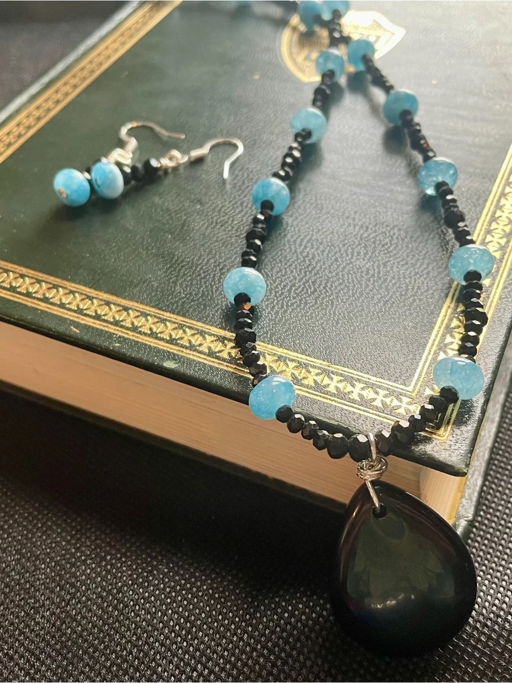 Handmade Black & Turquoise Beaded Necklace and Earring Set